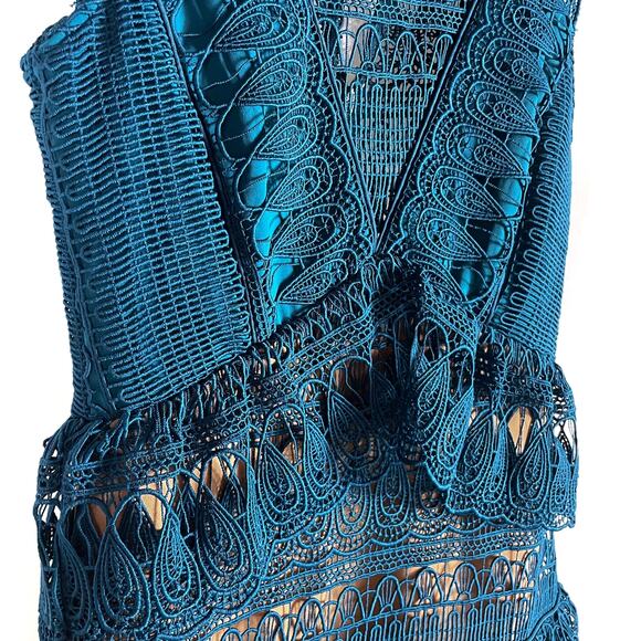 Self-Portrait Guipure Lace Mini Dress Teal Tiered Sleeveless Teardrop Sz 2 - Picture 8 of 16